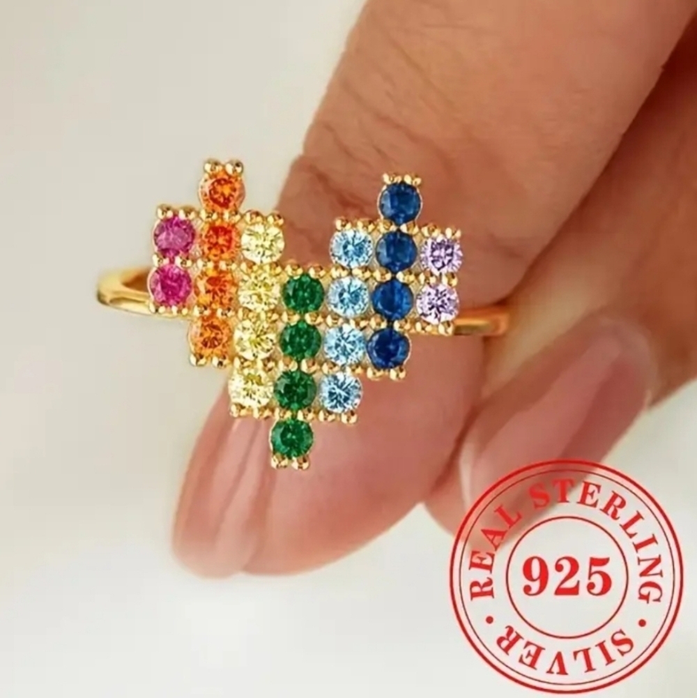 925 Colorful Heart Sterling Silver Ring Sz 7